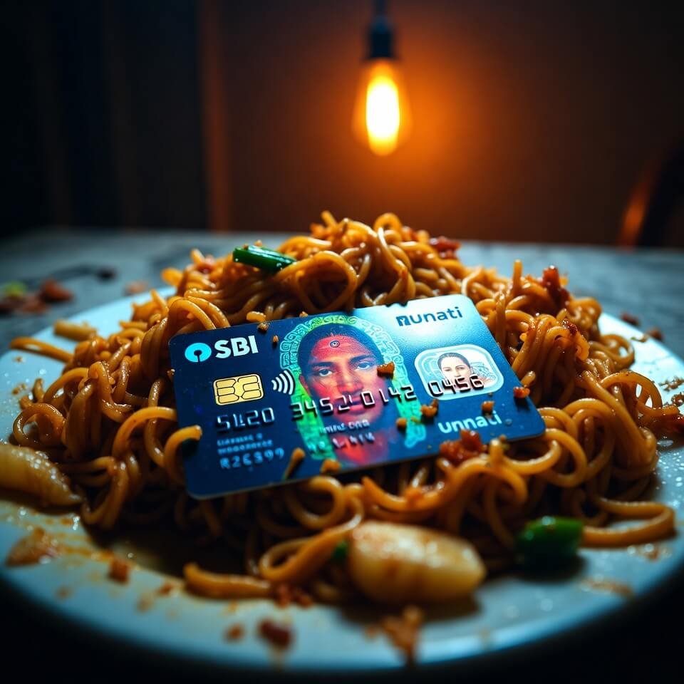 SBI Unnati card on half-eaten cold Maggi noodles