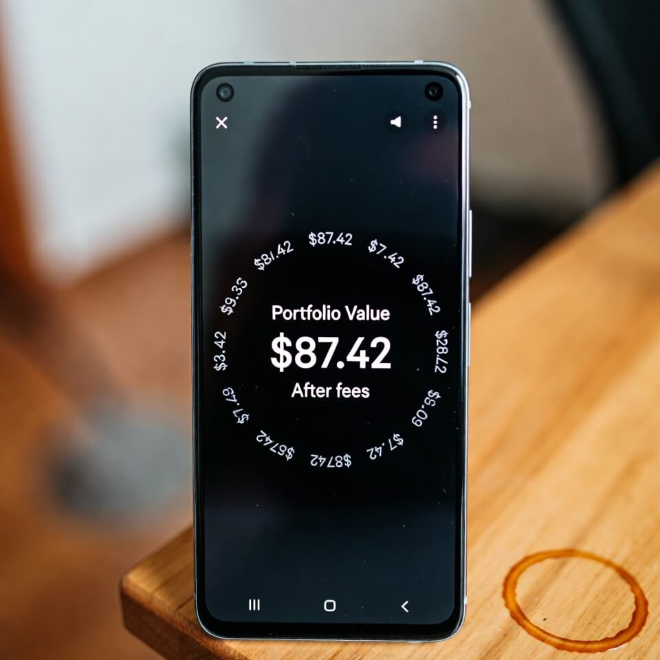 Phone showing $87.42 portfolio loss with coffee stain