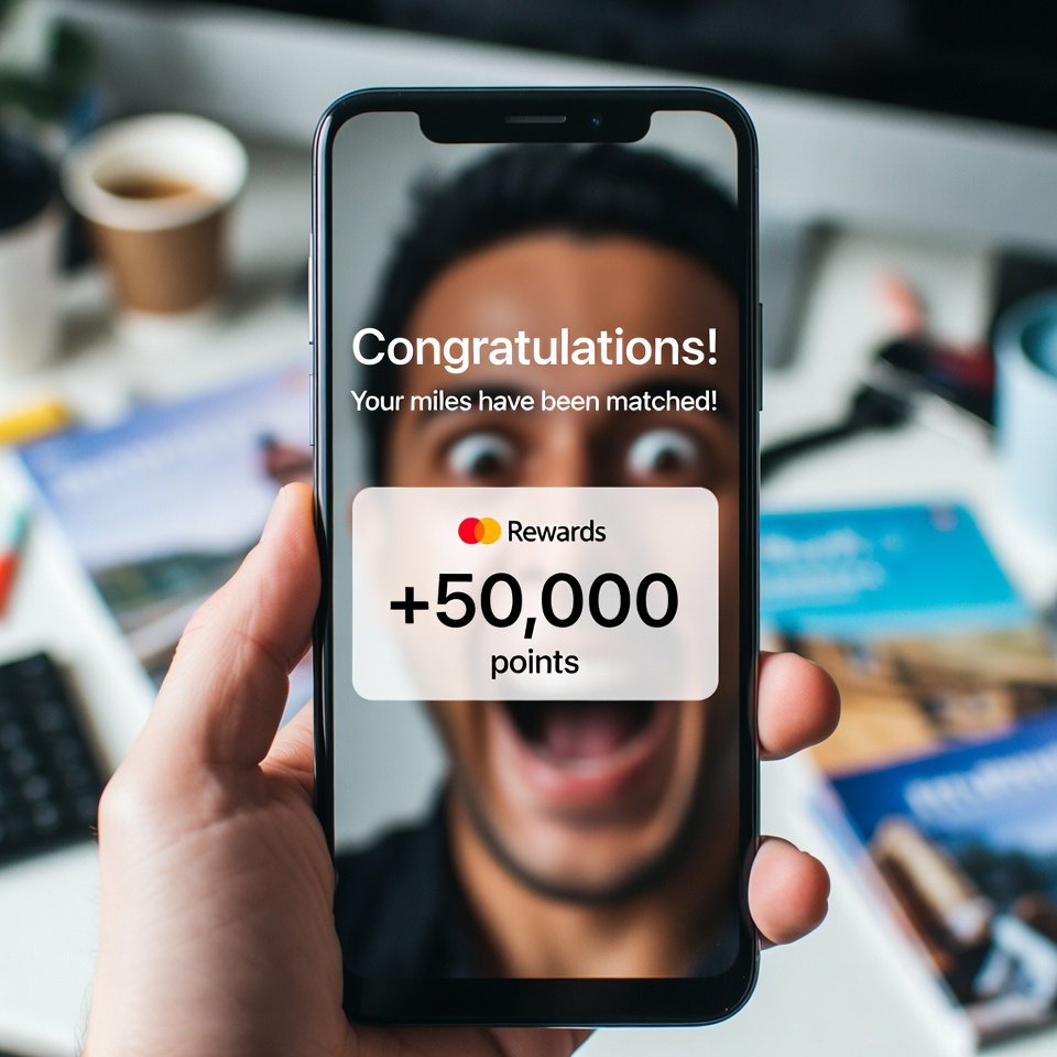 Shocked face reflected in phone showing 50,000 points matched