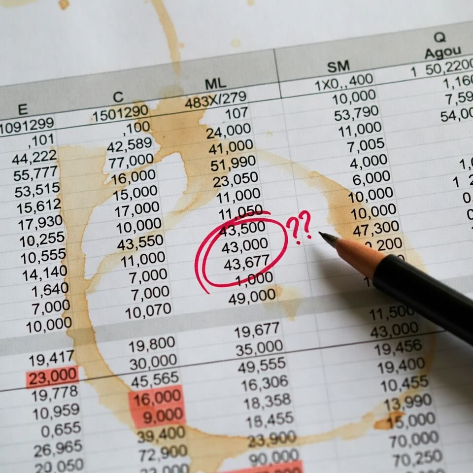 Coffee-stained spreadsheet with frantic red circles and "43???" scribble