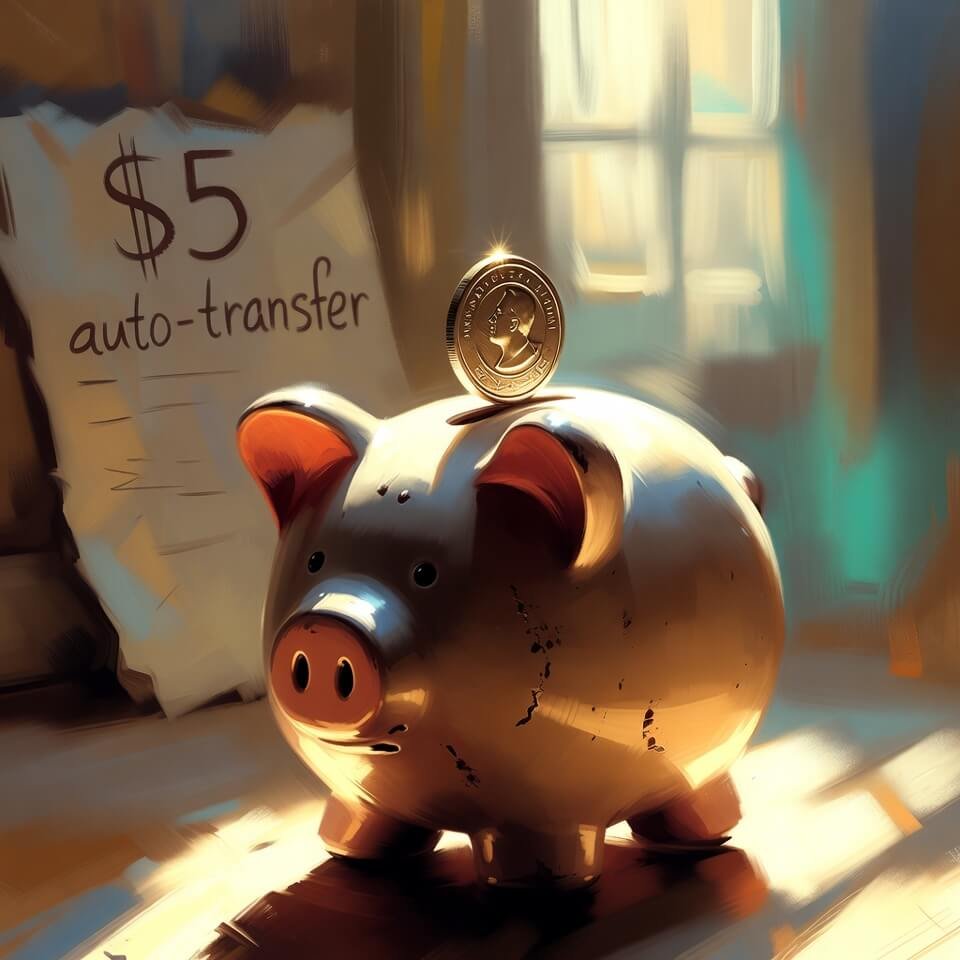 Closing Visual Shiny quarter on battered piggy bank with $5 auto-transfer note