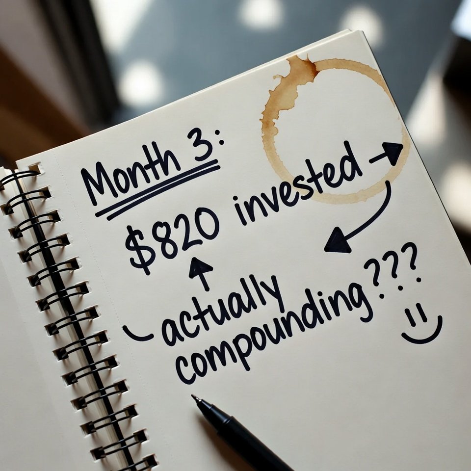 Teal cracked piggy bank with sprouting bills, anxious man checking phone
3sFast