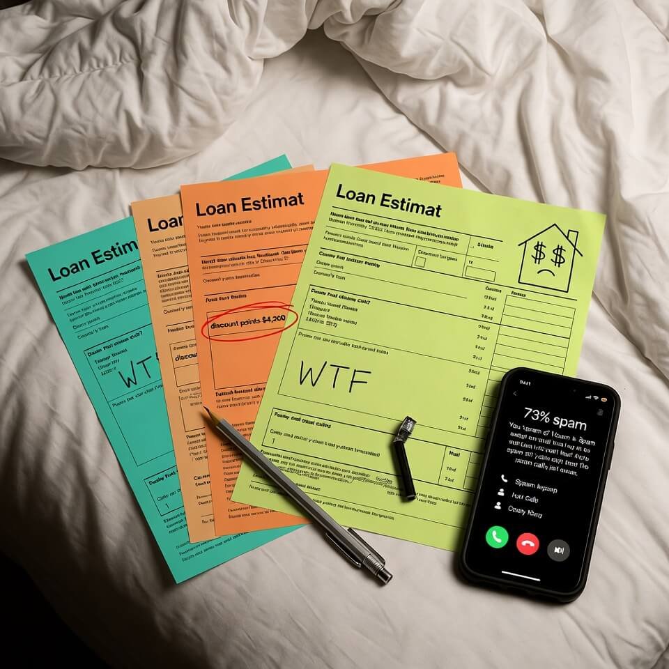 Loan Estimates scattered on bed with angry red notes