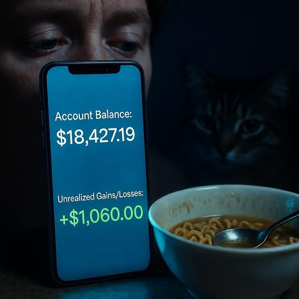Phone showing $18k gains beside ramen and cat eyes.