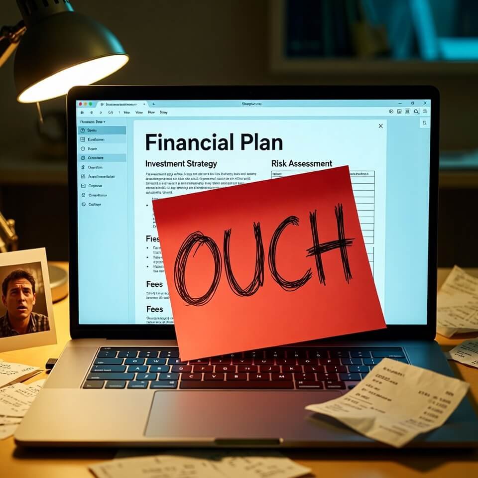 Financial plan PDF with giant "OUCH" sticky note on fees