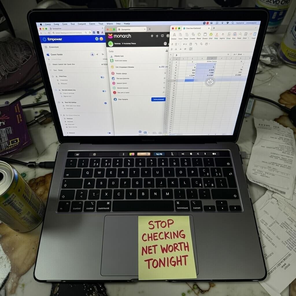 MacBook with finance tabs open, "STOP CHECKING NET WORTH" Post-it note.