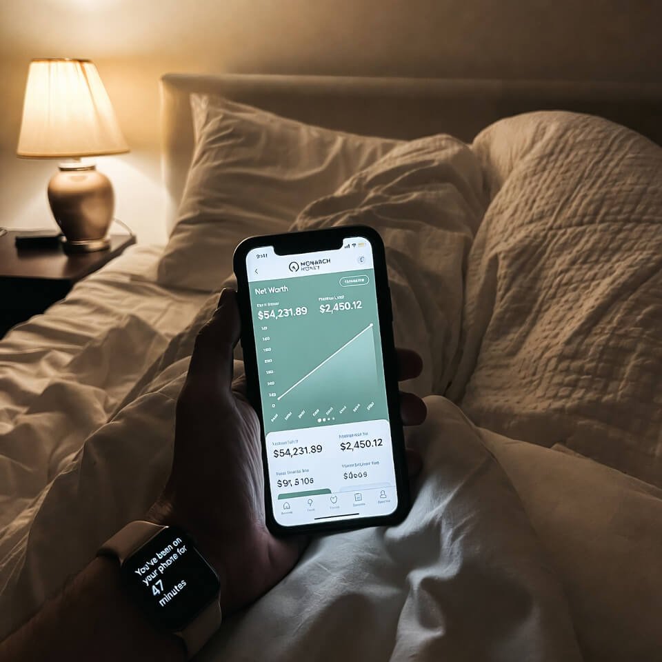 Phone showing Monarch net worth chart and 47-minute screen time alert