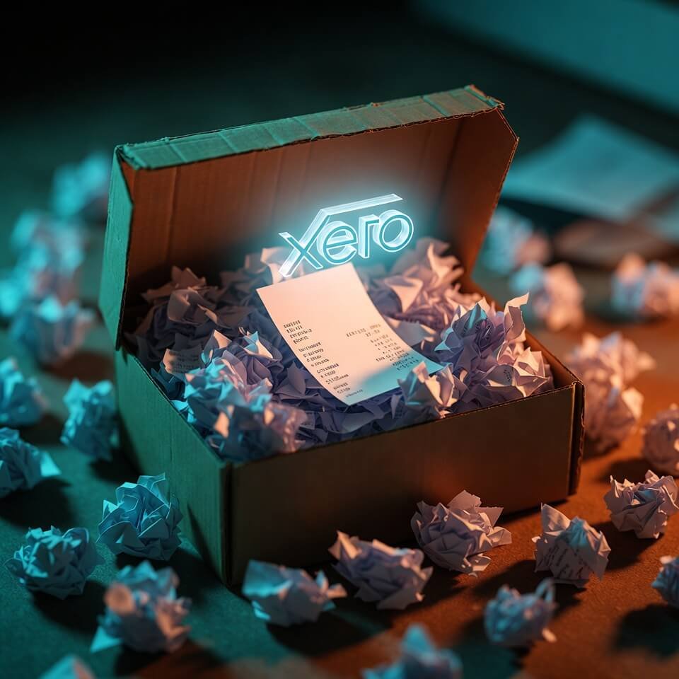Glowing receipt in shoebox grave with holographic Xero logo