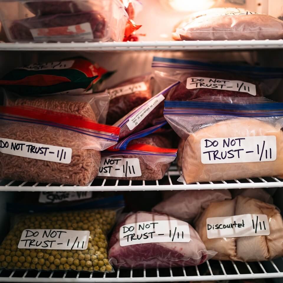 Chaotic freezer bags of meat labeled “DO NOT TRUST”
