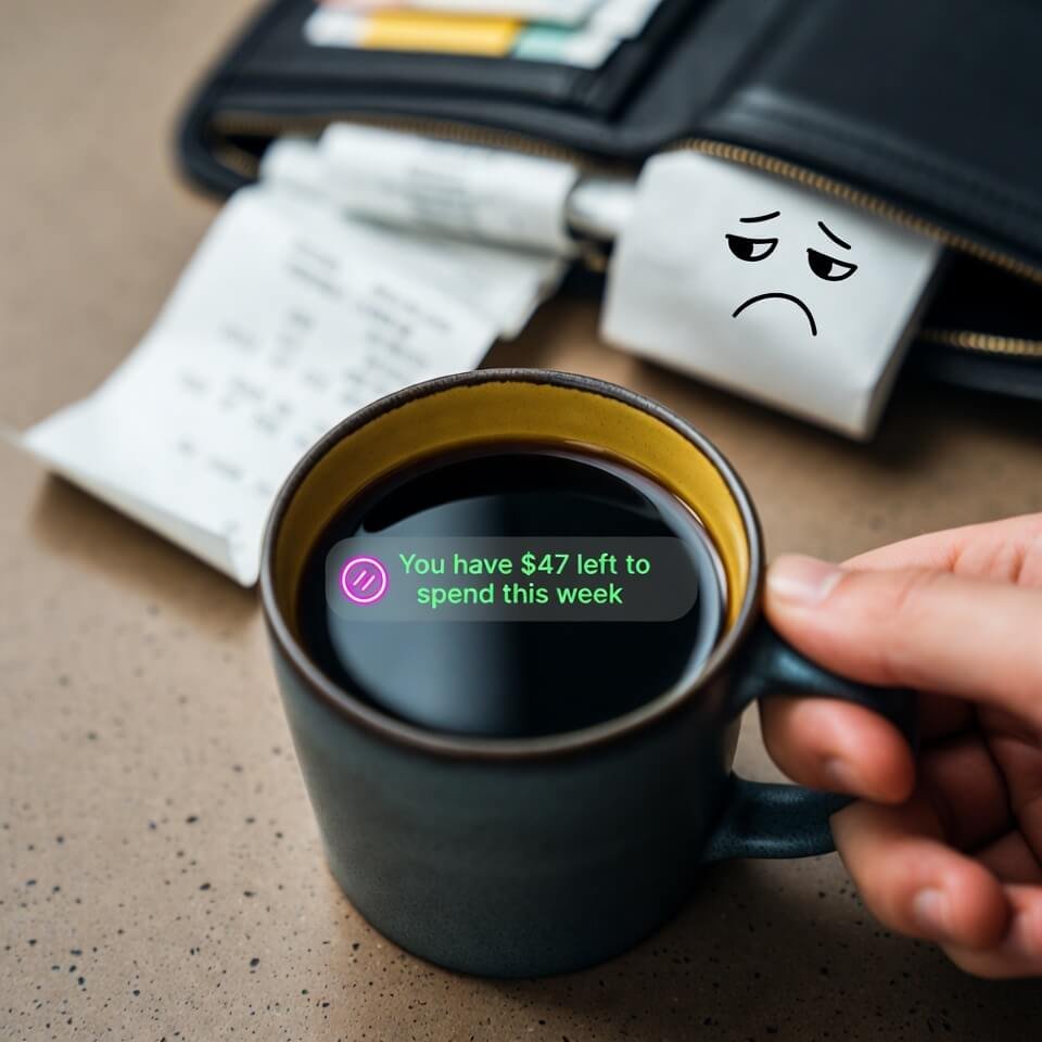 Floor view: PocketGuard $47 left reflects in mug, sad receipt pile.