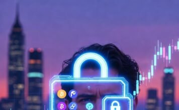 How to Invest in Cryptocurrency Safely in 2025 3 a.m. cluttered desk with hardware wallet and crashing crypto charts