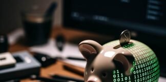 How to Invest in ETFs and Why They’re the Future of Passive Income Cluttered desk with glowing binary piggy bank and messy notebook