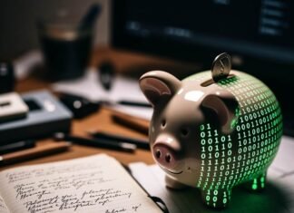 How to Invest in ETFs and Why They’re the Future of Passive Income Cluttered desk with glowing binary piggy bank and messy notebook