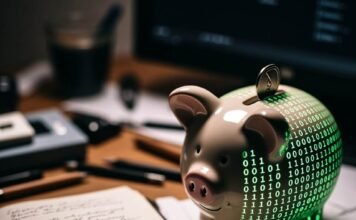 How to Invest in ETFs and Why They’re the Future of Passive Income Cluttered desk with glowing binary piggy bank and messy notebook
