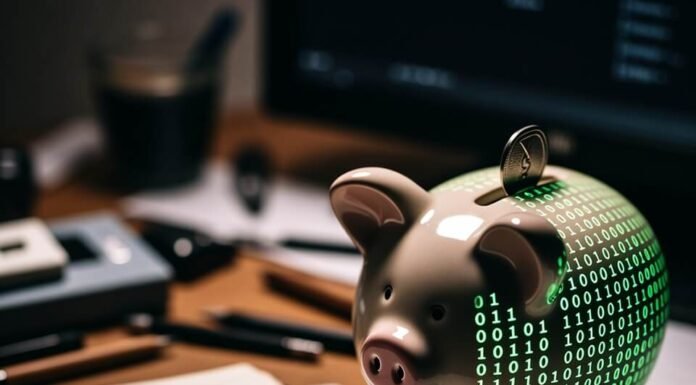 How to Invest in ETFs and Why They’re the Future of Passive Income Cluttered desk with glowing binary piggy bank and messy notebook