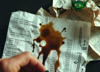 How to Manage Credit Card Debt Without Feeling Overwhelmed? Crumpled credit card statement with coffee stain and doodled escape ladders