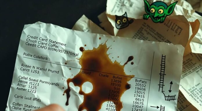 How to Manage Credit Card Debt Without Feeling Overwhelmed? Crumpled credit card statement with coffee stain and doodled escape ladders