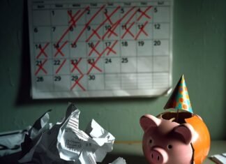 How to Pay Off Credit Card Debt Faster Than You Think Cracked piggy bank, crumpled credit card bill, and marked calendar at 2 a.m.