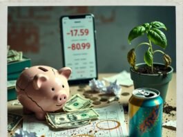 Personal Budget Blueprint: How to Master Your Money in 30 Days Chaotic desk with cracked piggy bank, negative budget, wilted plant