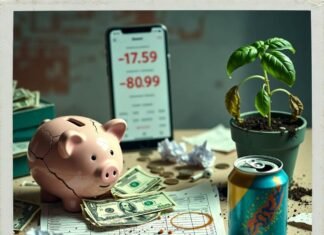Personal Budget Blueprint: How to Master Your Money in 30 Days Chaotic desk with cracked piggy bank, negative budget, wilted plant