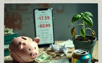 Personal Budget Blueprint: How to Master Your Money in 30 Days Chaotic desk with cracked piggy bank, negative budget, wilted plant