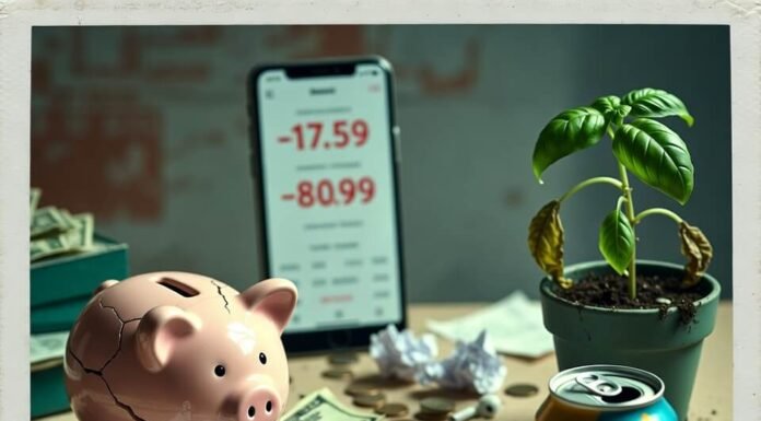 Personal Budget Blueprint: How to Master Your Money in 30 Days Chaotic desk with cracked piggy bank, negative budget, wilted plant