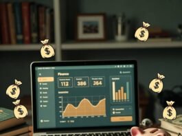 How to Use a Personal Finance Tracker to Reach Your Money Goals? Cluttered desk with budgeting app, coffee spill, piggy bank, arrows.