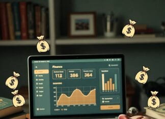 How to Use a Personal Finance Tracker to Reach Your Money Goals? Cluttered desk with budgeting app, coffee spill, piggy bank, arrows.