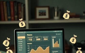 How to Use a Personal Finance Tracker to Reach Your Money Goals? Cluttered desk with budgeting app, coffee spill, piggy bank, arrows.