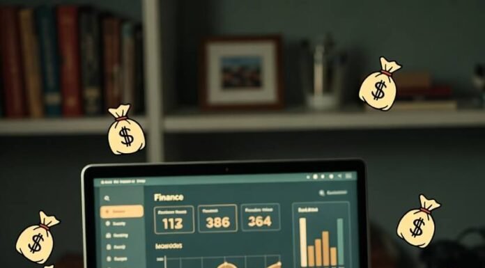 How to Use a Personal Finance Tracker to Reach Your Money Goals? Cluttered desk with budgeting app, coffee spill, piggy bank, arrows.