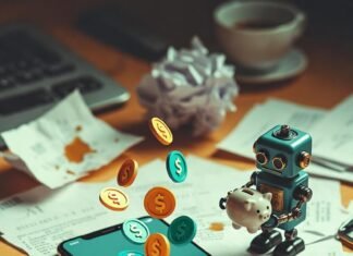 Best Finance Apps to Simplify Your Money Management in 2025 Cluttered night desk with budgeting app and flying dollar bill