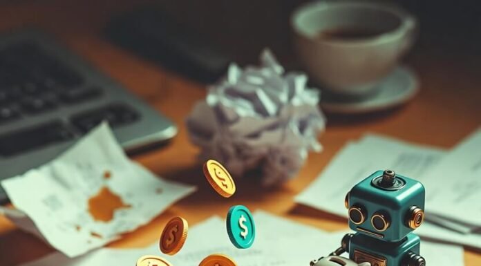 Best Finance Apps to Simplify Your Money Management in 2025 Cluttered night desk with budgeting app and flying dollar bill