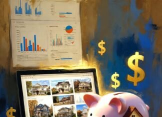 How to Invest in Real Estate Without Buying Property Impressionistic painting of a wallet, REIT charts, and ghost mansions.