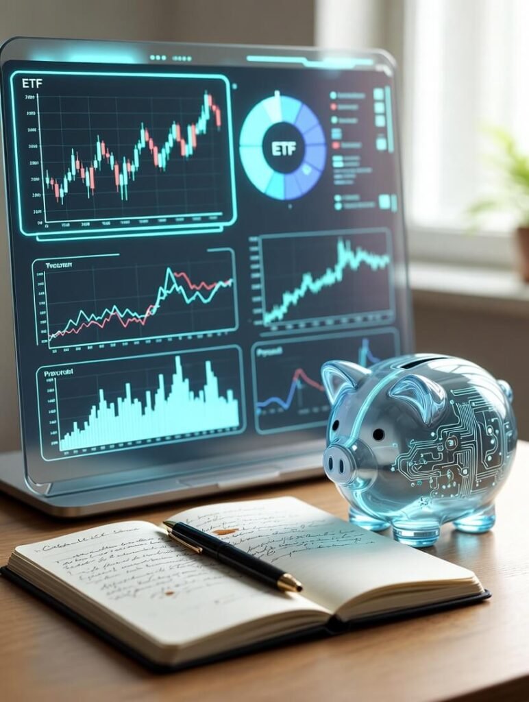 Cluttered desk with glowing binary piggy bank and messy notebook