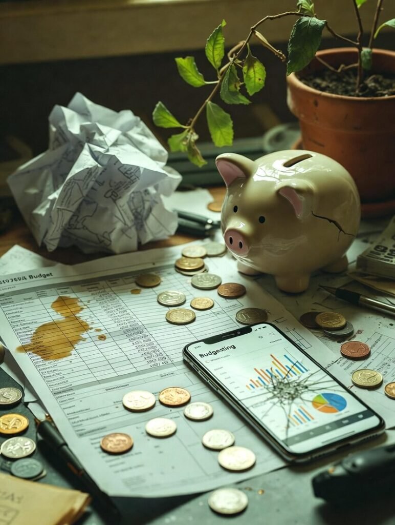Chaotic desk with cracked piggy bank, negative budget, wilted plant
