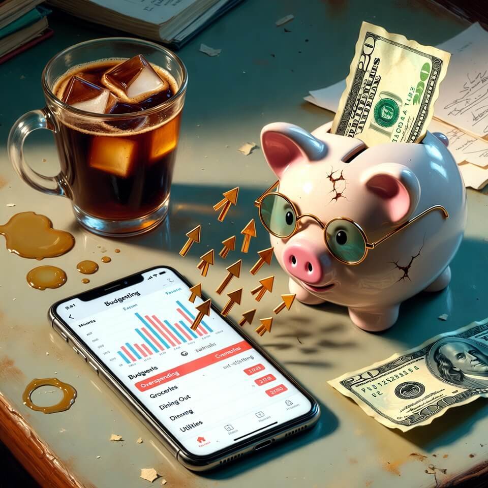 Late-night desk selfie: overspending alerts, ramen, self-note.