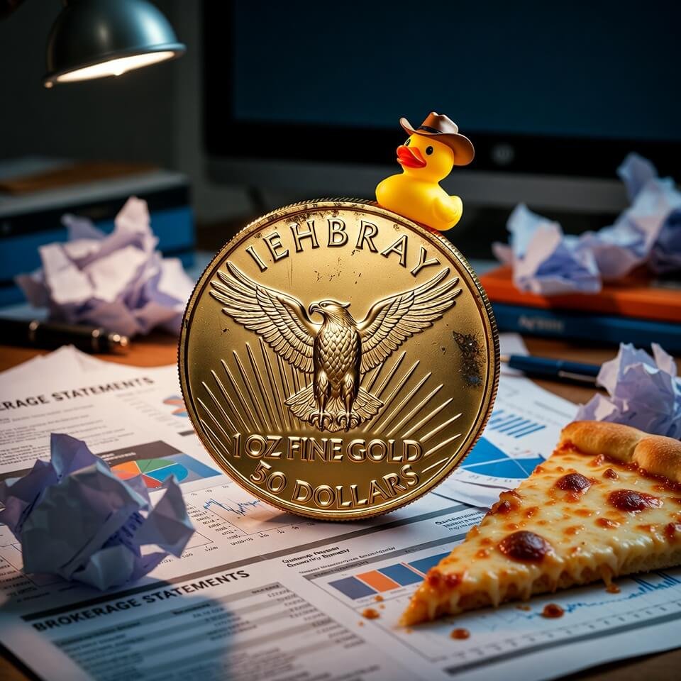 Cracked gold coin with cowboy duck, pizza, messy desk