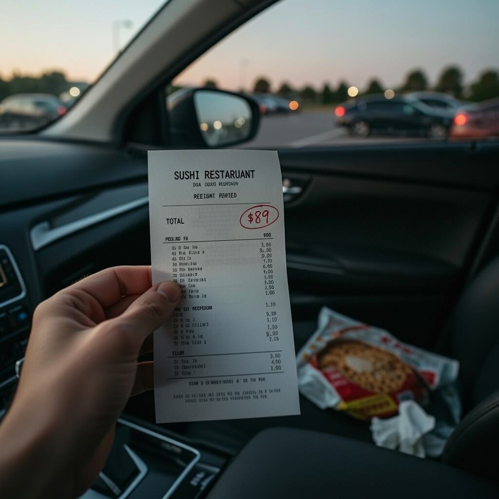 Hands holding $89 sushi receipt in car at dusk
