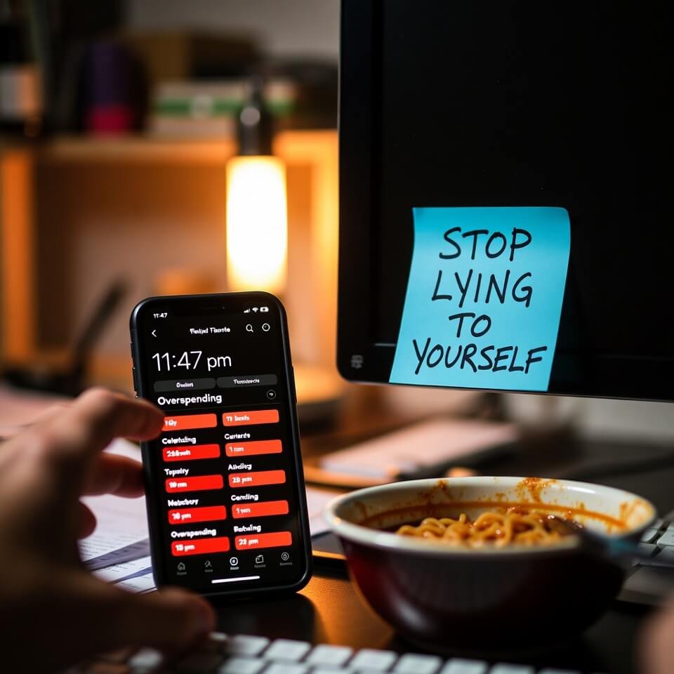 Late-night desk selfie: overspending alerts, ramen, self-note.