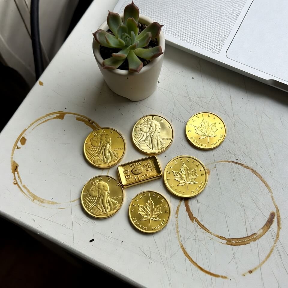 Small stack of gold coins on scratched desk with succulent