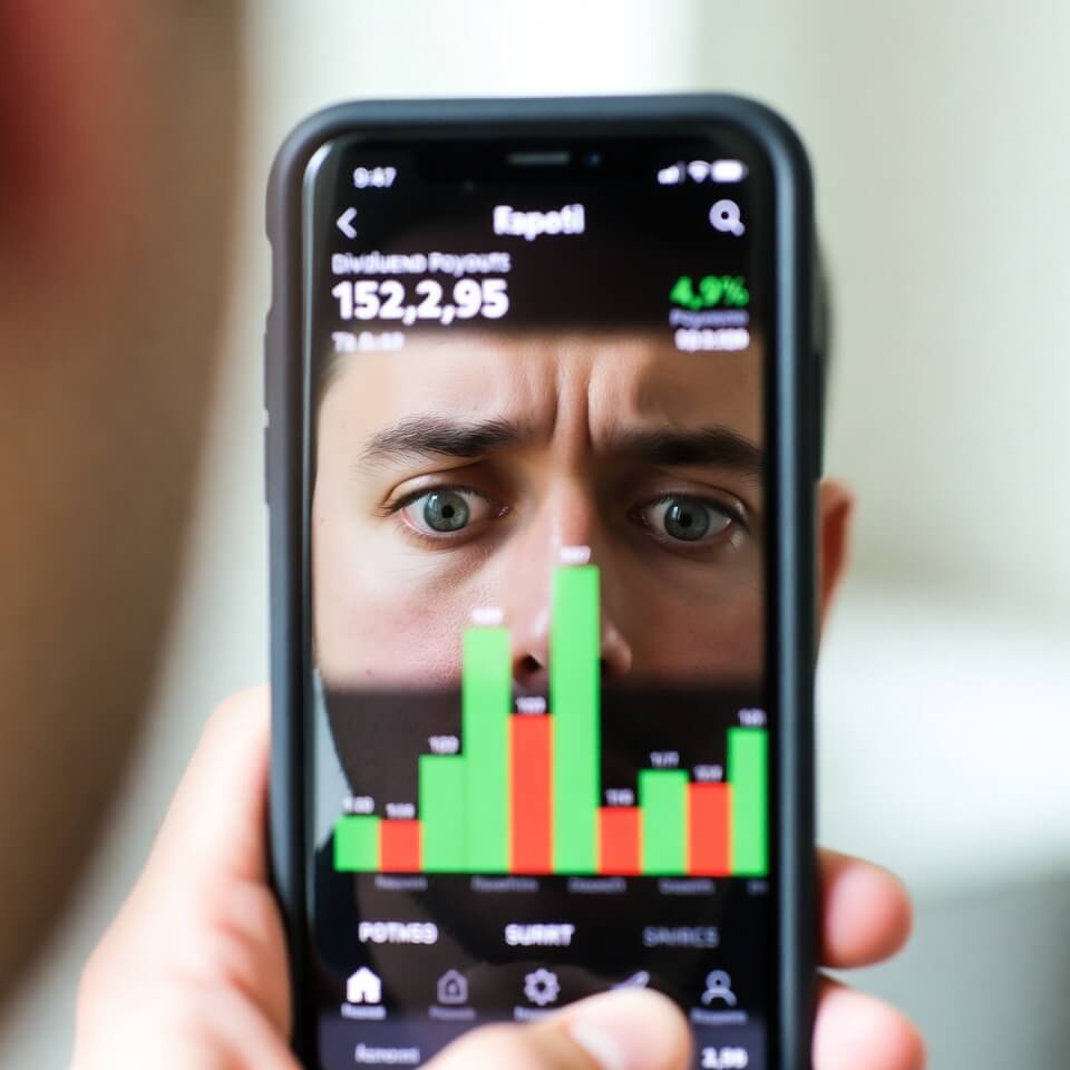 Close-up phone screen with stacking dividend payouts and surprised reflection