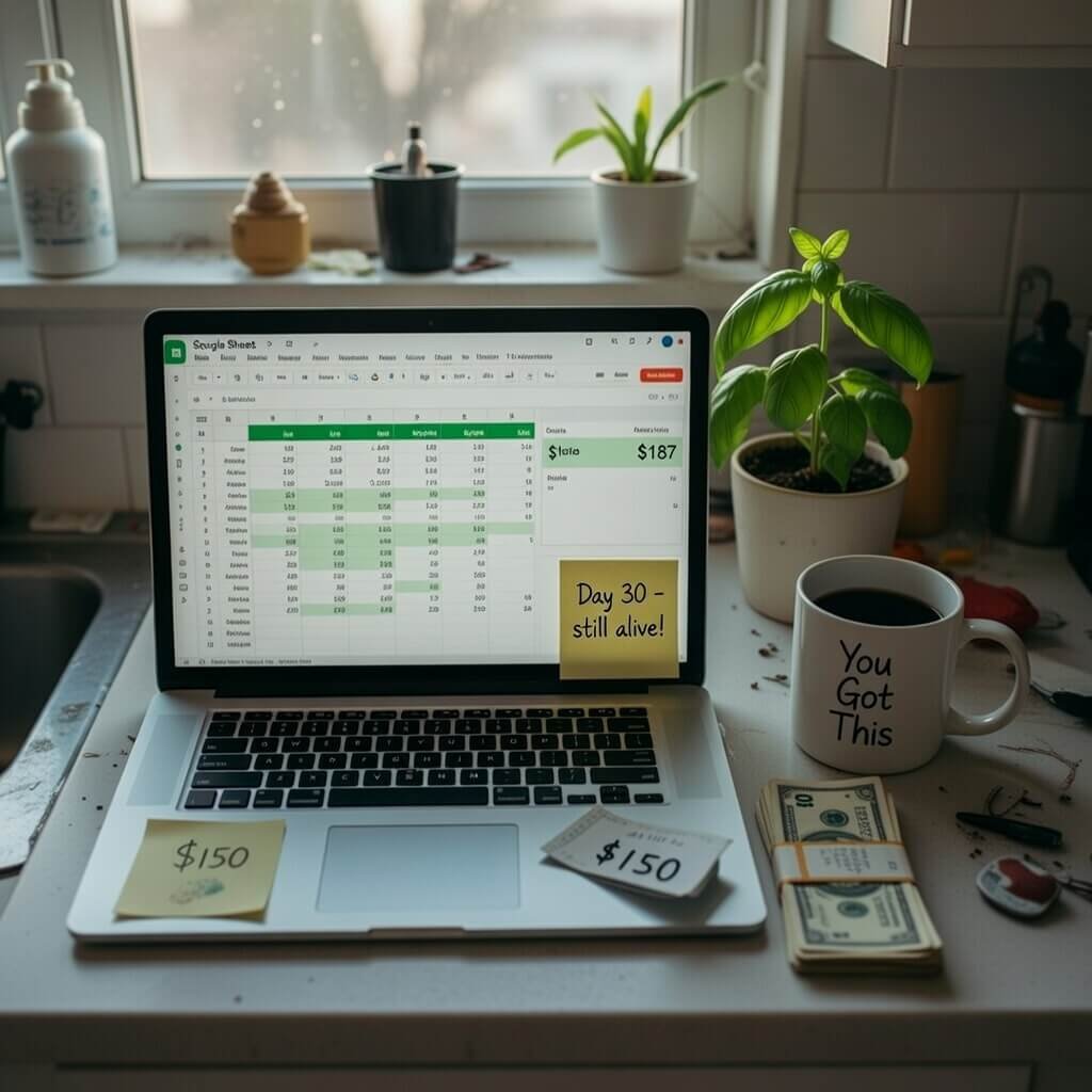 Laptop budget showing $187, cash stack, hopeful basil plant