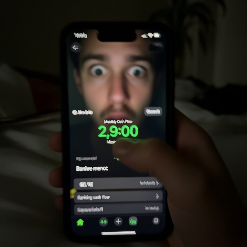 Shaky phone screen: positive cash flow, finger-covered balance.