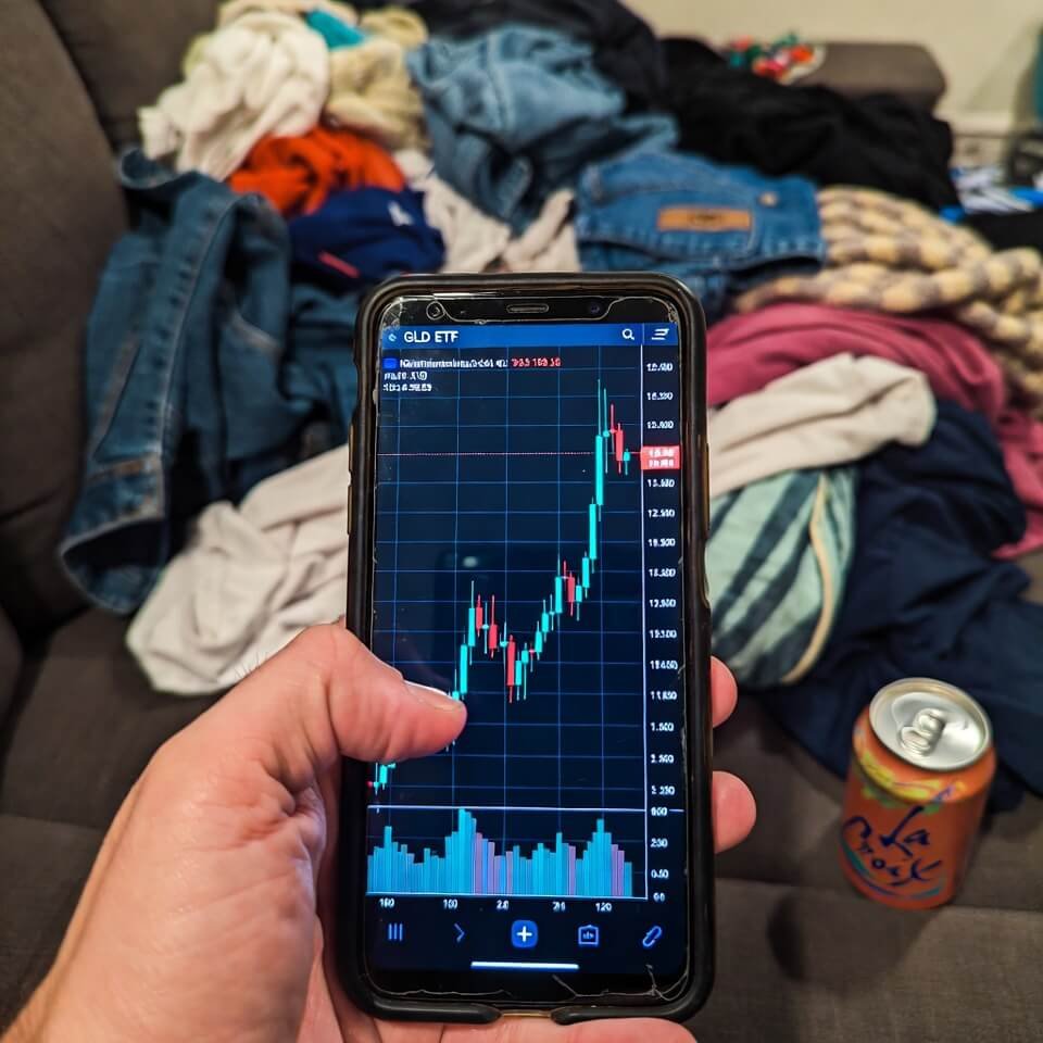 Cracked phone showing spiking GLD chart amid laundry pile